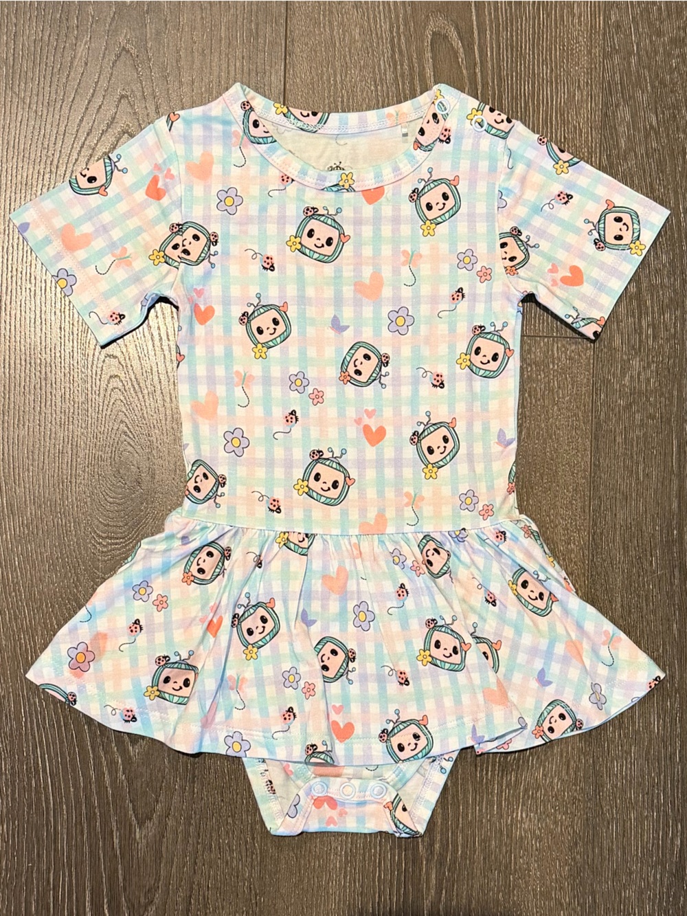 Bamboo Pastel Plaid Baby Dress Romper with Cocomelon